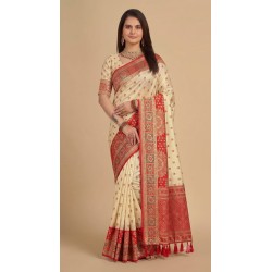Cream & Red Silk Saree with Woven Banarasi Border and Tassels