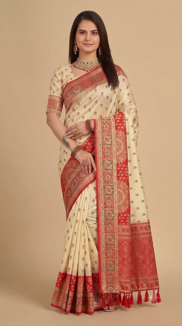 Cream & Red Silk Saree with Woven Banarasi Border and Tassels