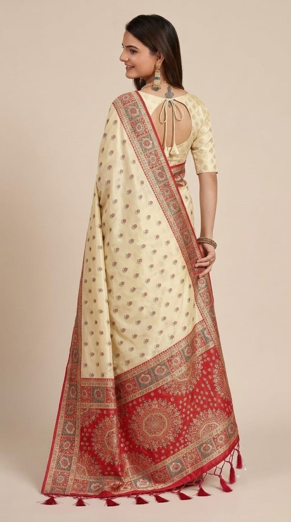 Cream & Red Silk Saree with Woven Banarasi Border and Tassels