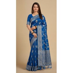 Royal Blue Dola Silk Saree with Handicraft Stone Work & Silver Zari Border