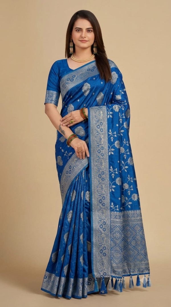Royal Blue Dola Silk Saree with Handicraft Stone Work & Silver Zari Border