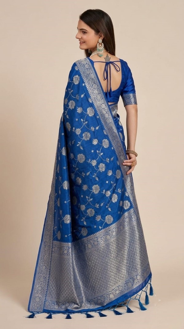 Royal Blue Dola Silk Saree with Handicraft Stone Work & Silver Zari Border
