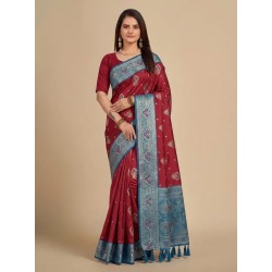 Maroon Silk Saree with Contrast Teal Blue Woven Banarasi Border and Tassels