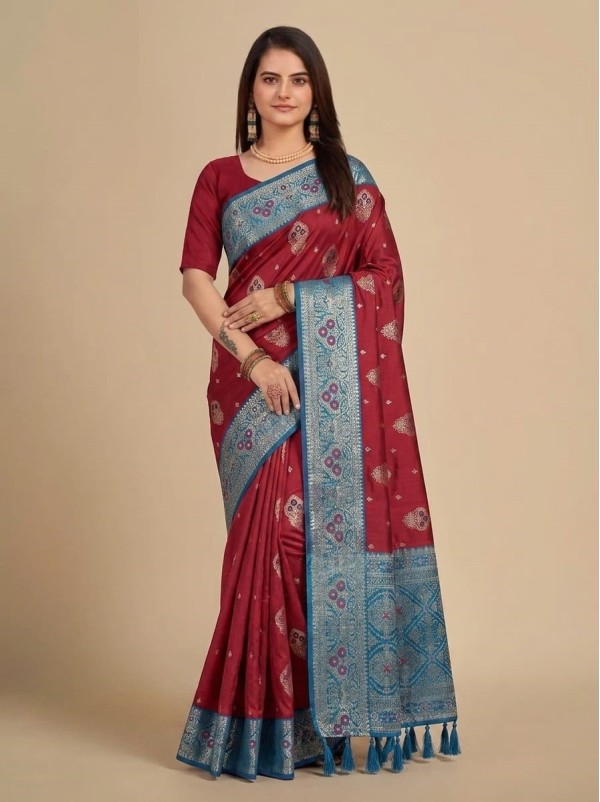 Maroon Silk Saree with Contrast Teal Blue Woven Banarasi Border and Tassels