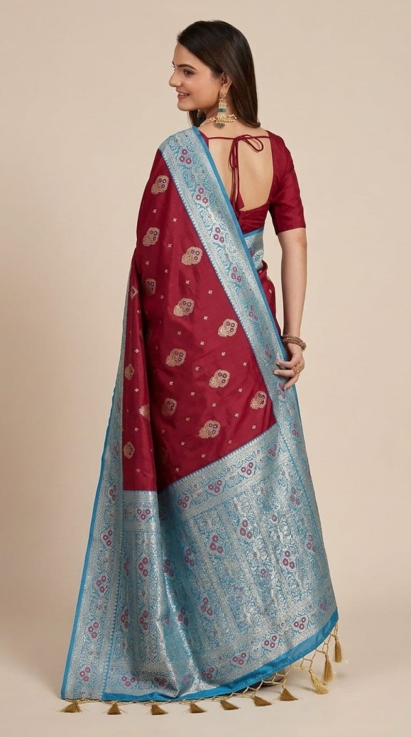Maroon Silk Saree with Contrast Teal Blue Woven Banarasi Border and Tassels