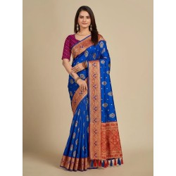 Royal Blue Silk Saree with Contrast Red Banarasi Woven Border & Magenta Printed Blouse