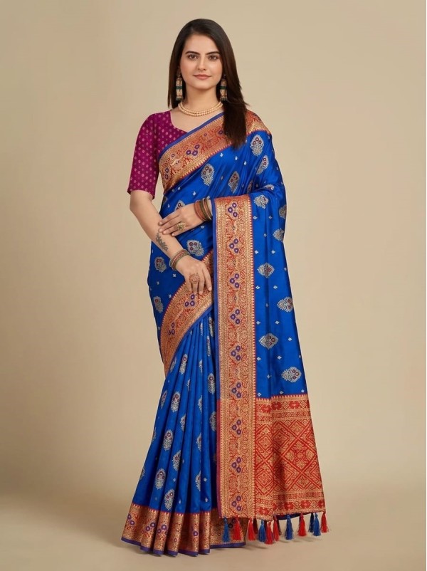Royal Blue Silk Saree with Contrast Red Banarasi Woven Border & Magenta Printed Blouse