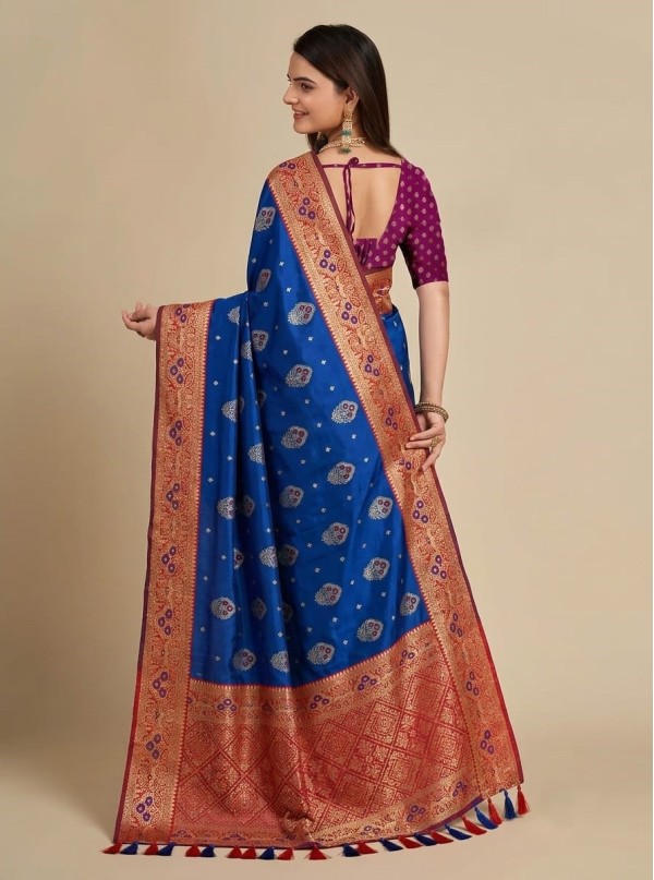 Royal Blue Silk Saree with Contrast Red Banarasi Woven Border & Magenta Printed Blouse