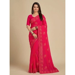 Hot Pink Chiffon Saree with Gold Thread Embroidery & Scallop Border
