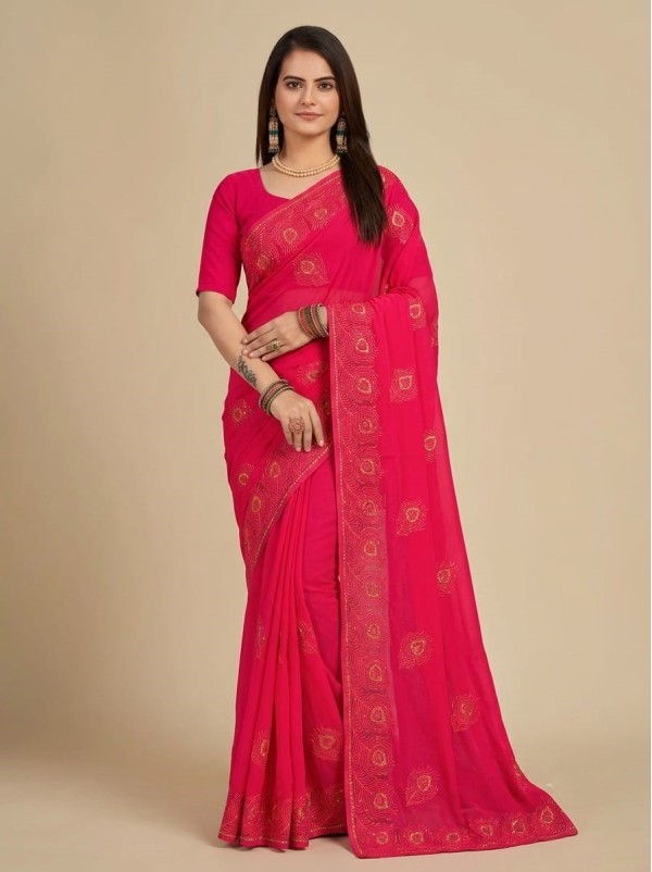Hot Pink Chiffon Saree with Gold Thread Embroidery & Scallop Border
