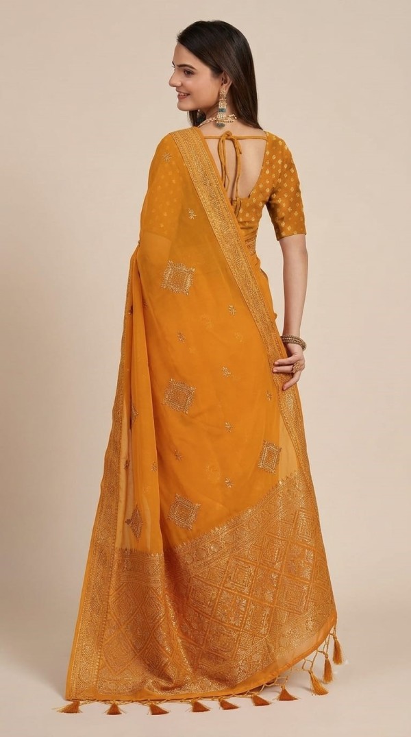 Mustard Yellow Georgette Saree with Diamond Thread Embroidered Work & Border
