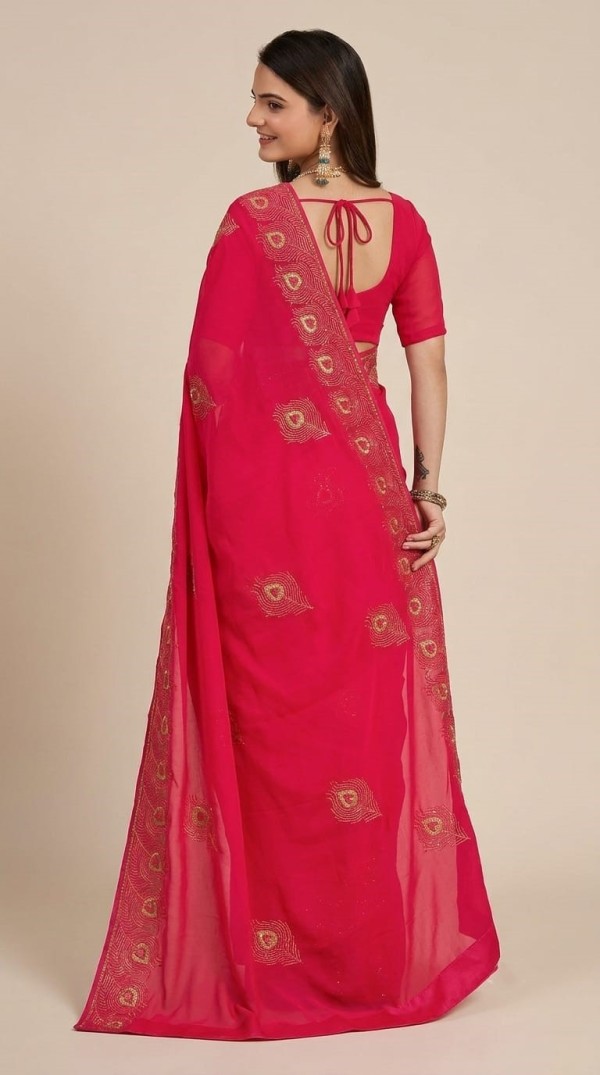 Hot Pink Chiffon Saree with Gold Thread Embroidery & Scallop Border