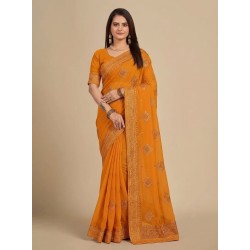 Mustard Yellow Georgette Saree with Diamond Thread Embroidered Work & Border