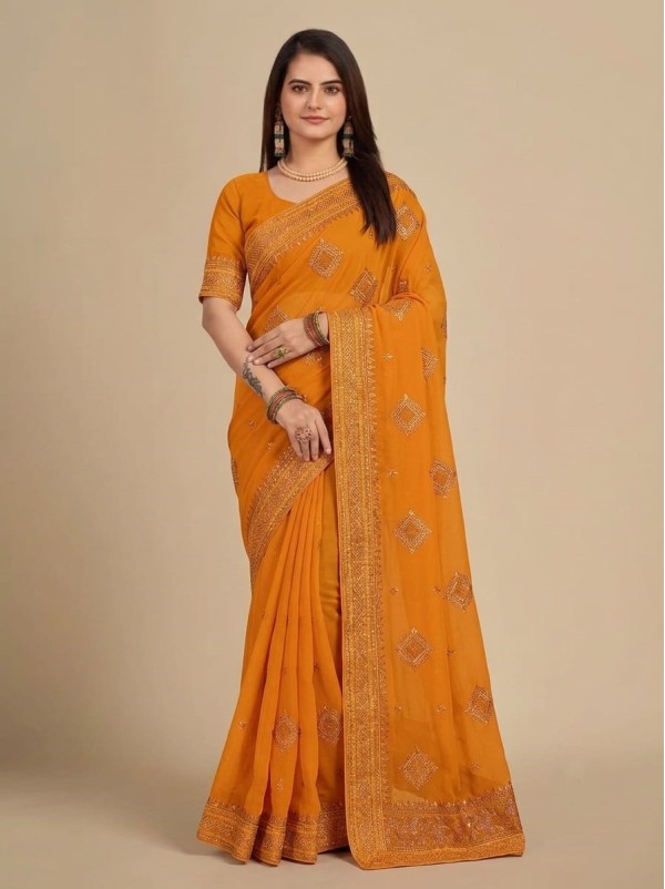 Mustard Yellow Georgette Saree with Diamond Thread Embroidered Work & Border