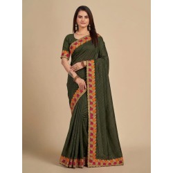 Olive Green Georgette Saree with Multicolor Embroidered Leaf Border & Sequin Work