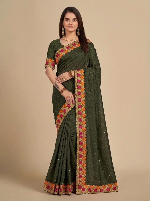 Olive Green Georgette Saree with Multicolor Embroidered Leaf Border & Sequin Work
