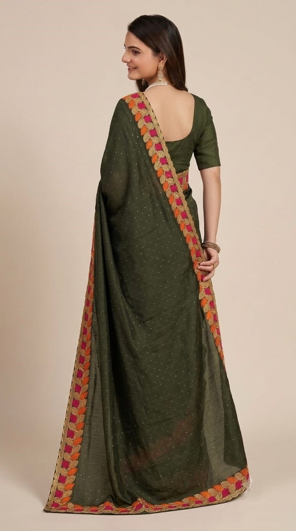 Olive Green Georgette Saree with Multicolor Embroidered Leaf Border & Sequin Work