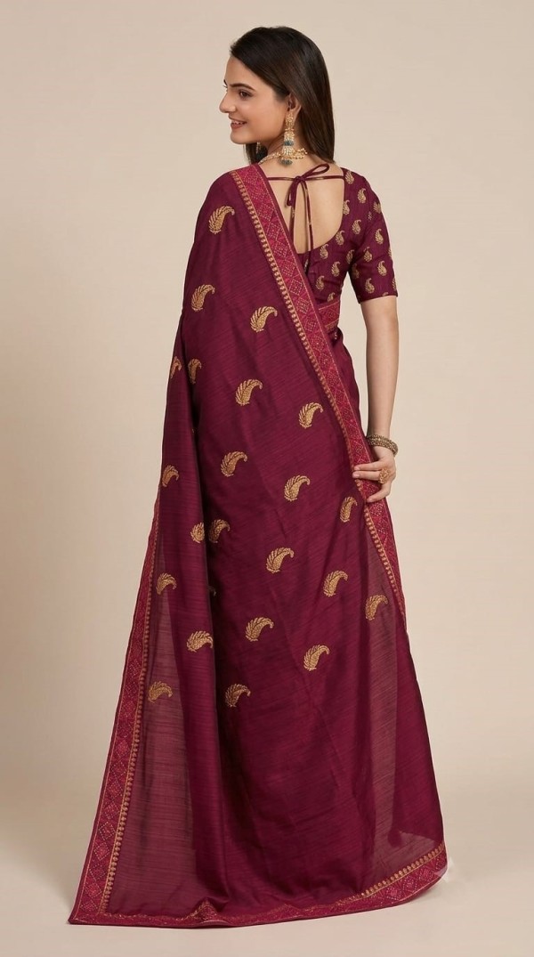 Wine Purple Georgette Saree with Gold Embroidered Mango Paisley Motifs & Detailed Border