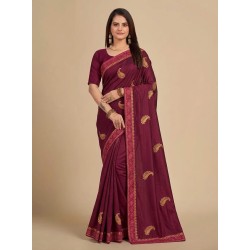 Wine Purple Georgette Saree with Gold Embroidered Mango Paisley Motifs & Detailed Border