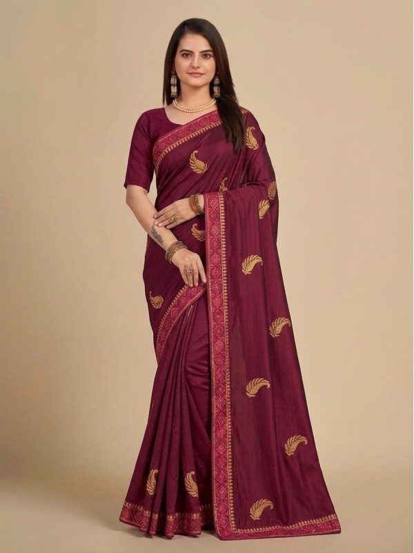 Wine Purple Georgette Saree with Gold Embroidered Mango Paisley Motifs & Detailed Border