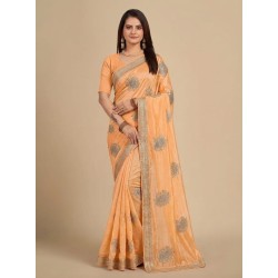 Peach Orange Georgette Saree with Heavy Silver Embroidered Motifs & Zari Border