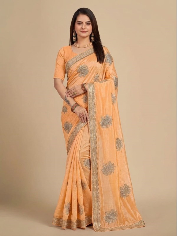 Peach Orange Georgette Saree with Heavy Silver Embroidered Motifs & Zari Border