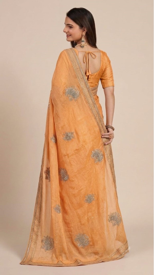 Peach Orange Georgette Saree with Heavy Silver Embroidered Motifs & Zari Border
