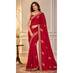 Crimson Red Embroidered Georgette Saree with Scalloped Zari Border & Feather Motifs