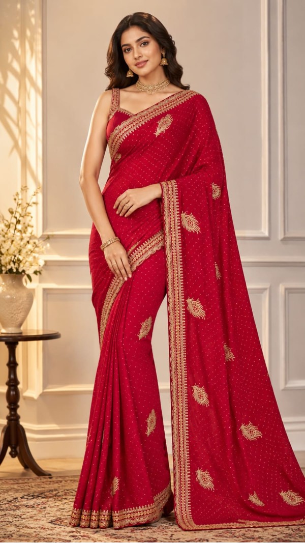 Crimson Red Embroidered Georgette Saree with Scalloped Zari Border & Feather Motifs