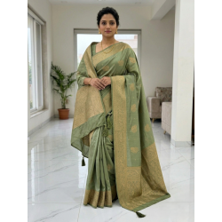 Elegant Sage Green Banarasi Silk Saree with Matching Dupatta Set | Traditional Golden Zari Weaving & Tassels