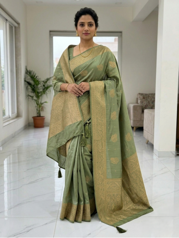 Elegant Sage Green Banarasi Silk Saree with Matching Dupatta Set | Traditional Golden Zari Weaving & Tassels