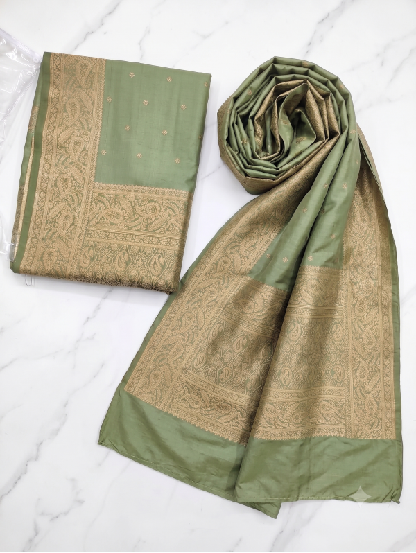 Elegant Sage Green Banarasi Silk Saree with Matching Dupatta Set | Traditional Golden Zari Weaving & Tassels