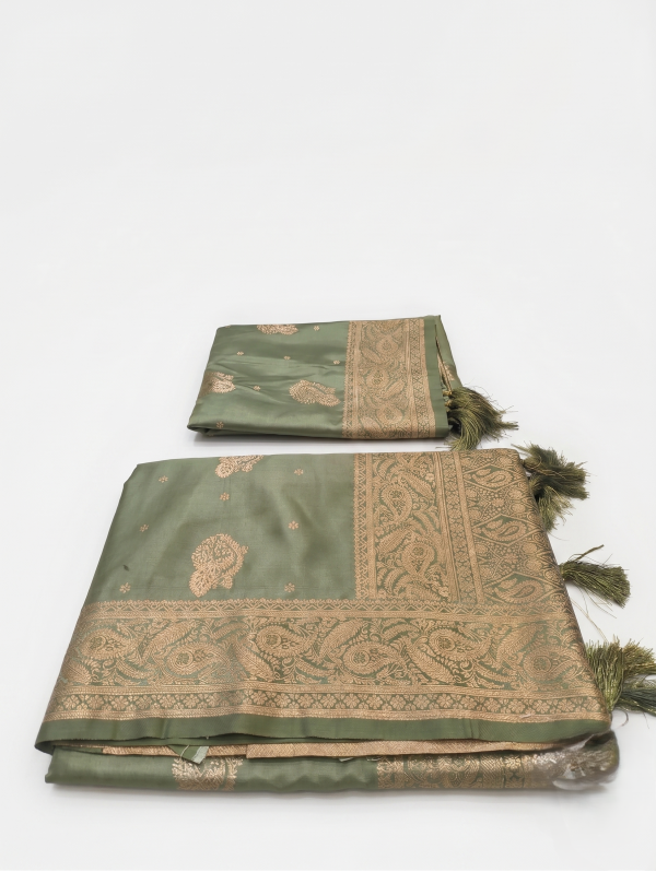 Elegant Sage Green Banarasi Silk Saree with Matching Dupatta Set | Traditional Golden Zari Weaving & Tassels
