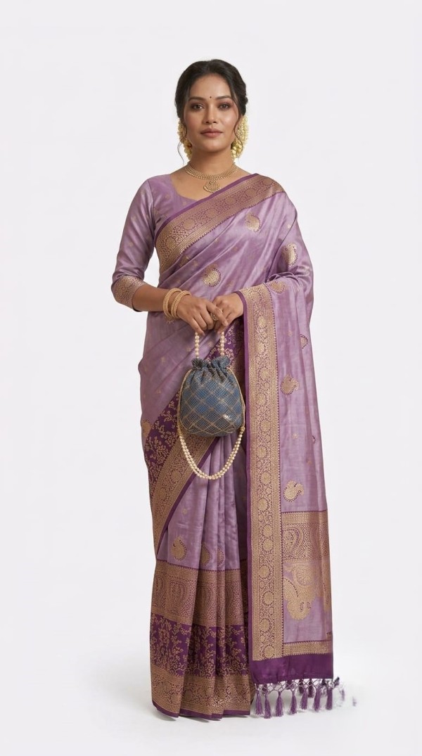 Lavender Soft Silk Saree with Matching Zari Dupatta Set