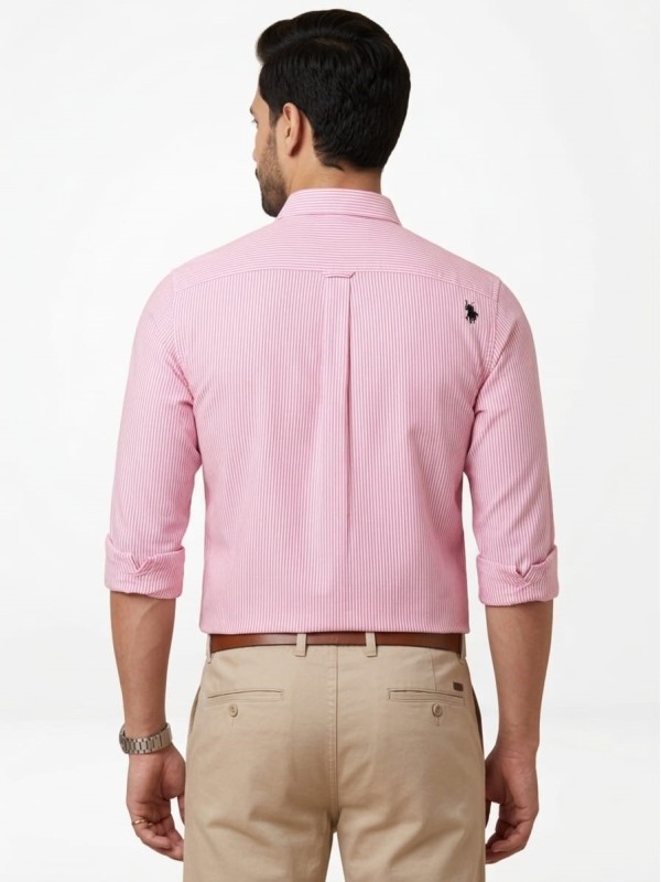 Men's Pink & White Vertical Striped Full Sleeves Cotton Casual Shirt with Pocket Logo