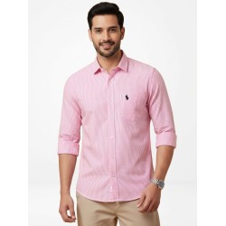 Men's Pink & White Vertical Striped Full Sleeves Cotton Casual Shirt with Pocket Logo