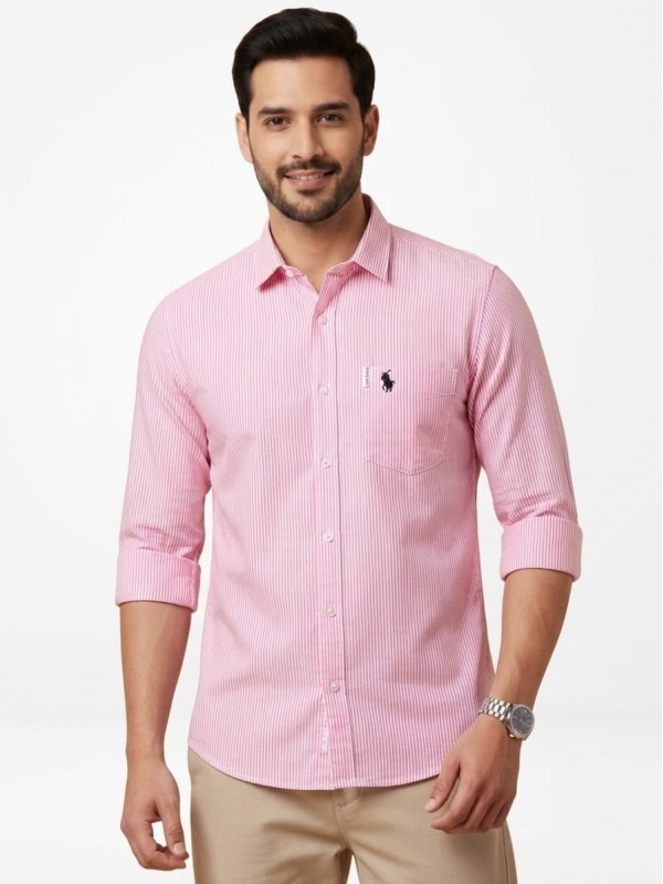 Men's Pink & White Vertical Striped Full Sleeves Cotton Casual Shirt with Pocket Logo