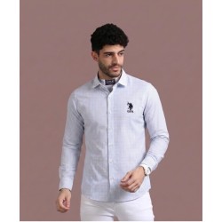 Men's Light Blue & White Vertical Striped Half Sleeves Cotton Casual Shirt with Embroidered Chest Logo