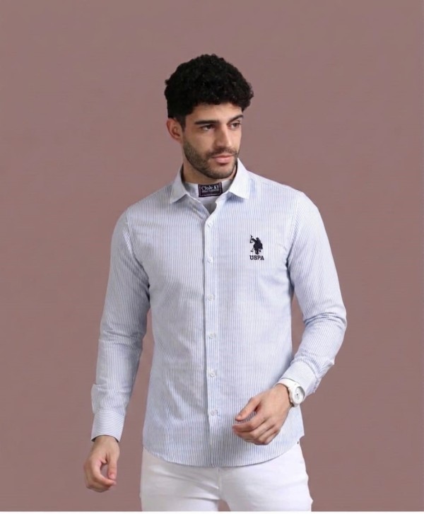Men's Light Blue & White Vertical Striped Half Sleeves Cotton Casual Shirt with Embroidered Chest Logo
