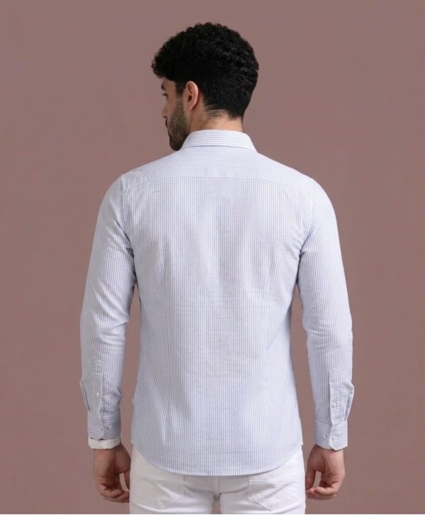 Men's Light Blue & White Vertical Striped Half Sleeves Cotton Casual Shirt with Embroidered Chest Logo