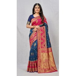 Peacock Blue Dola Silk Saree with Contrast Rani Pink Elephant Zari Border & Pallu