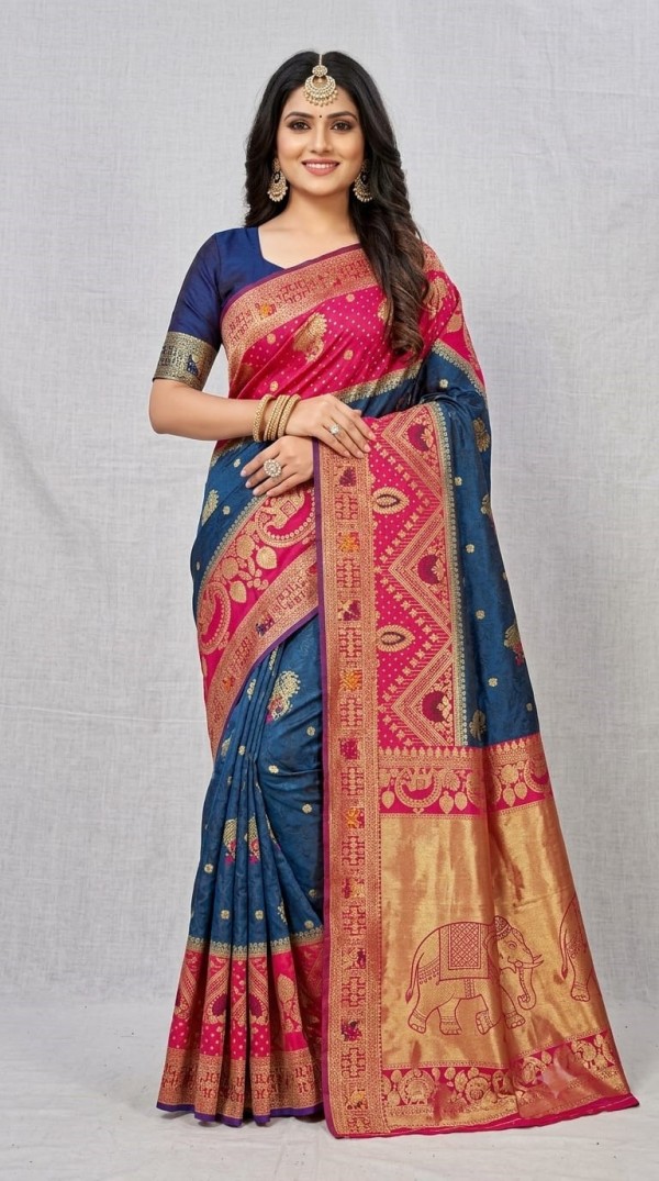 Peacock Blue Dola Silk Saree with Contrast Rani Pink Elephant Zari Border & Pallu