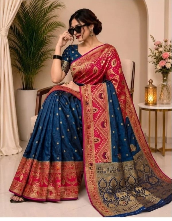 Peacock Blue Dola Silk Saree with Contrast Rani Pink Elephant Zari Border & Pallu