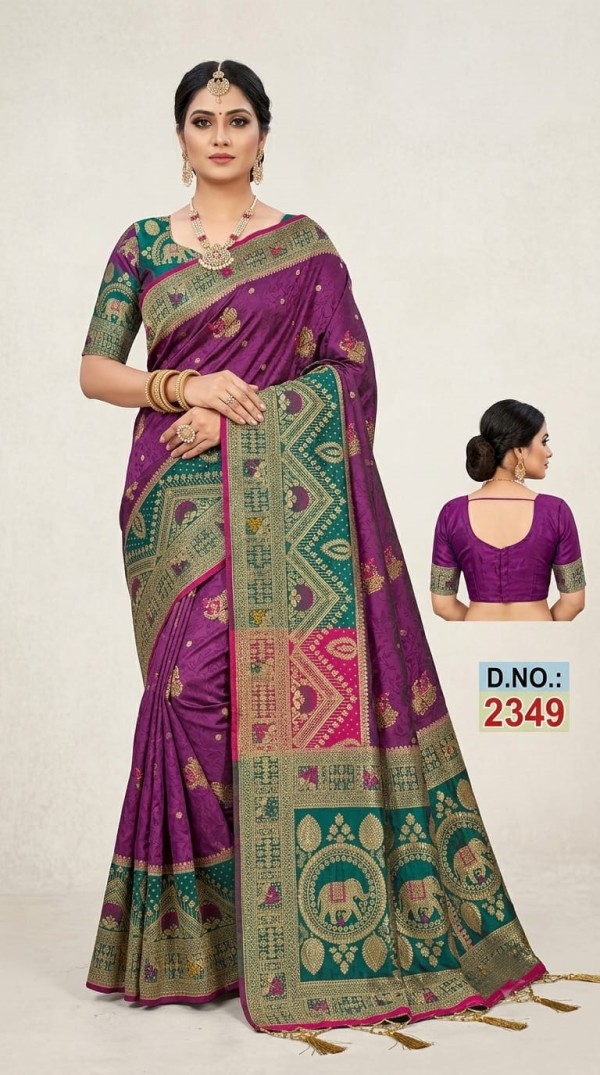 Royal Purple Dola Silk Saree with Contrast Emerald Green Zari Border & Pallu
