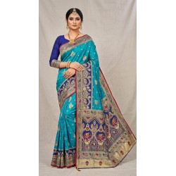 Teal Blue Dola Silk Saree with Contrast Royal Blue Elephant & Peacock Zari Border