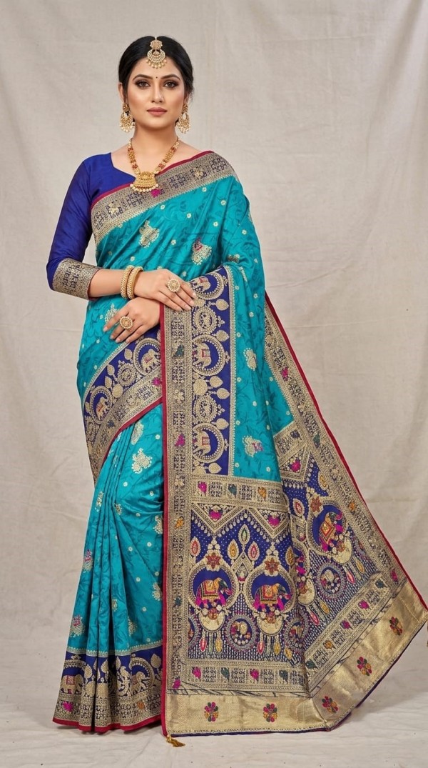 Teal Blue Dola Silk Saree with Contrast Royal Blue Elephant & Peacock Zari Border