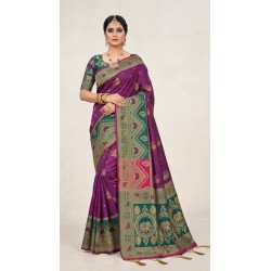 Royal Purple Dola Silk Saree with Contrast Emerald Green Zari Border & Pallu