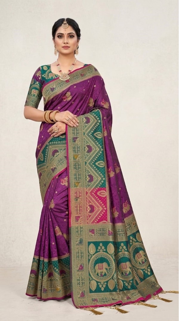 Royal Purple Dola Silk Saree with Contrast Emerald Green Zari Border & Pallu