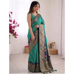 Teal Green & Contrast Navy Blue Banarasi Silk Saree (with Zari Woven Border & Meenakari Motifs