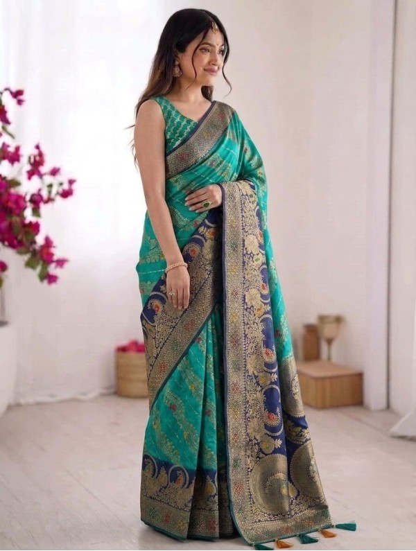Teal Green & Contrast Navy Blue Banarasi Silk Saree (with Zari Woven Border & Meenakari Motifs